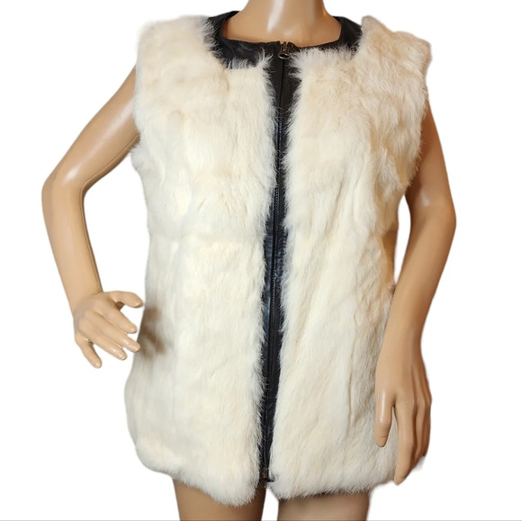 Saks Fifth Avenue Rabbit Fur Leather Zip Vest Women's Size Large Pockets - Picture 3 of 16